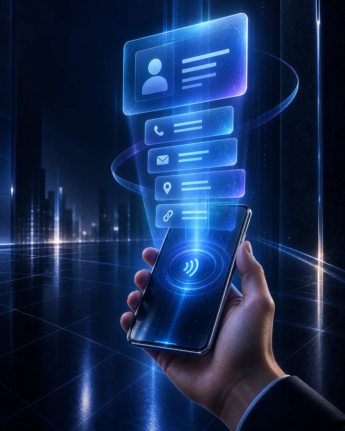 Holographic hand holding a smartphone with a live NFC profile
